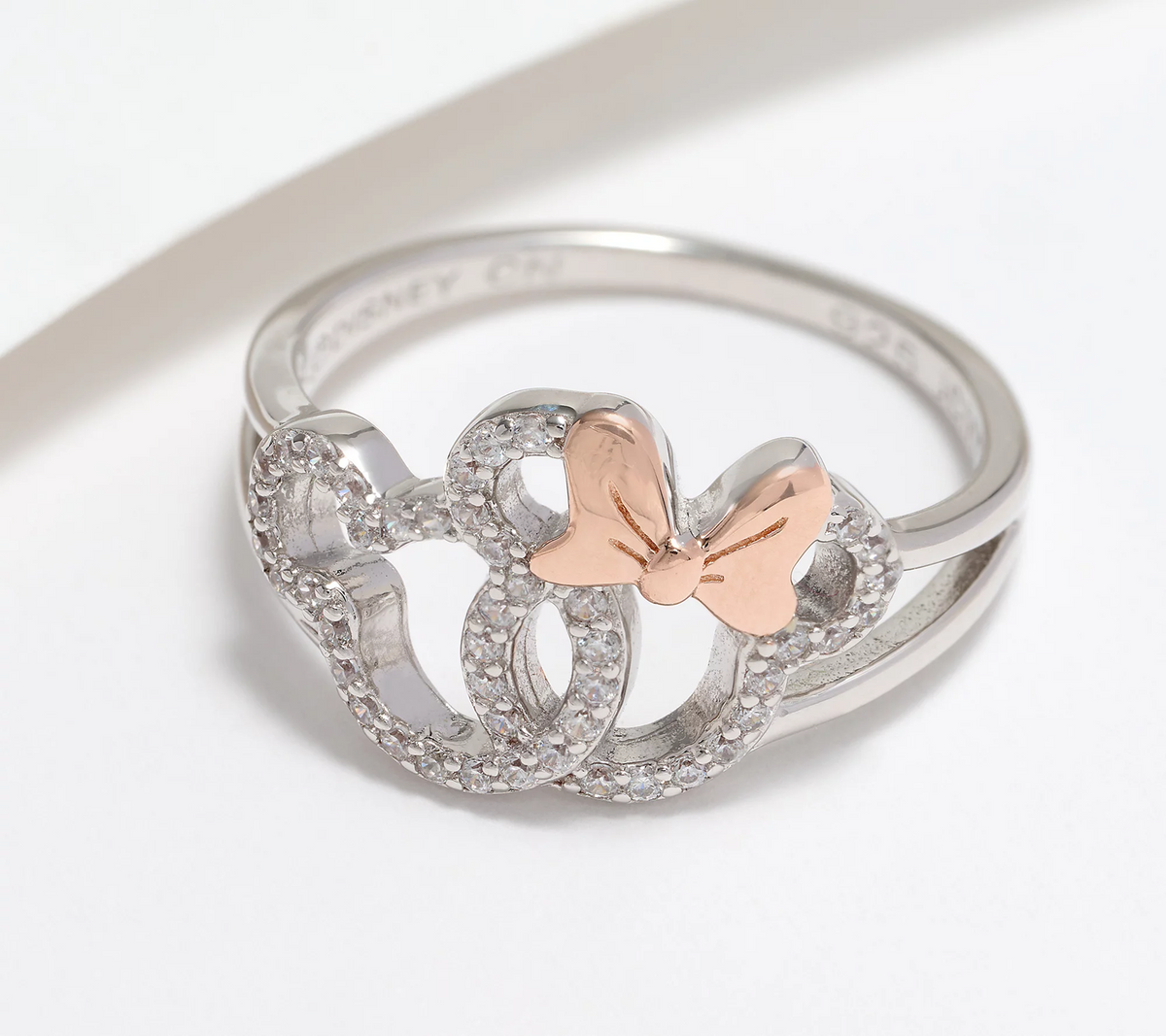 Diamonique's Disney Roseold-Clad SS and SS Interlocked Minnie & Mickey Ring Size 5
