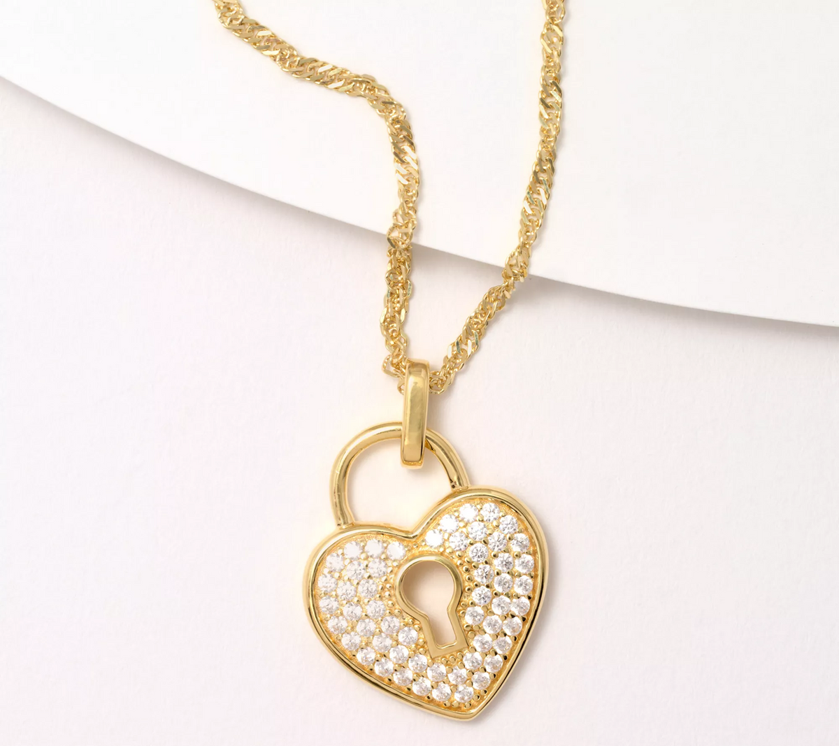 Diamonique Italia 18K plated Sterling Silver Heart Lock Pendant w/ Singapore Chain