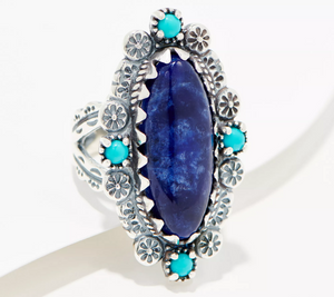 American West Sterling Oval Sodalite Flower Ring Size 11