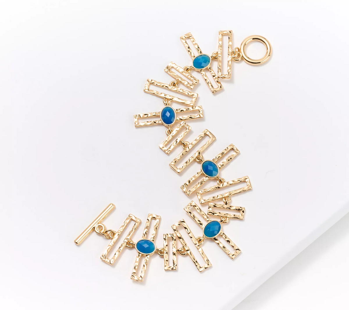 Susan Graver Goldtone Hammered Metal and Sapphire Stone Bracelet, 7-3/4"