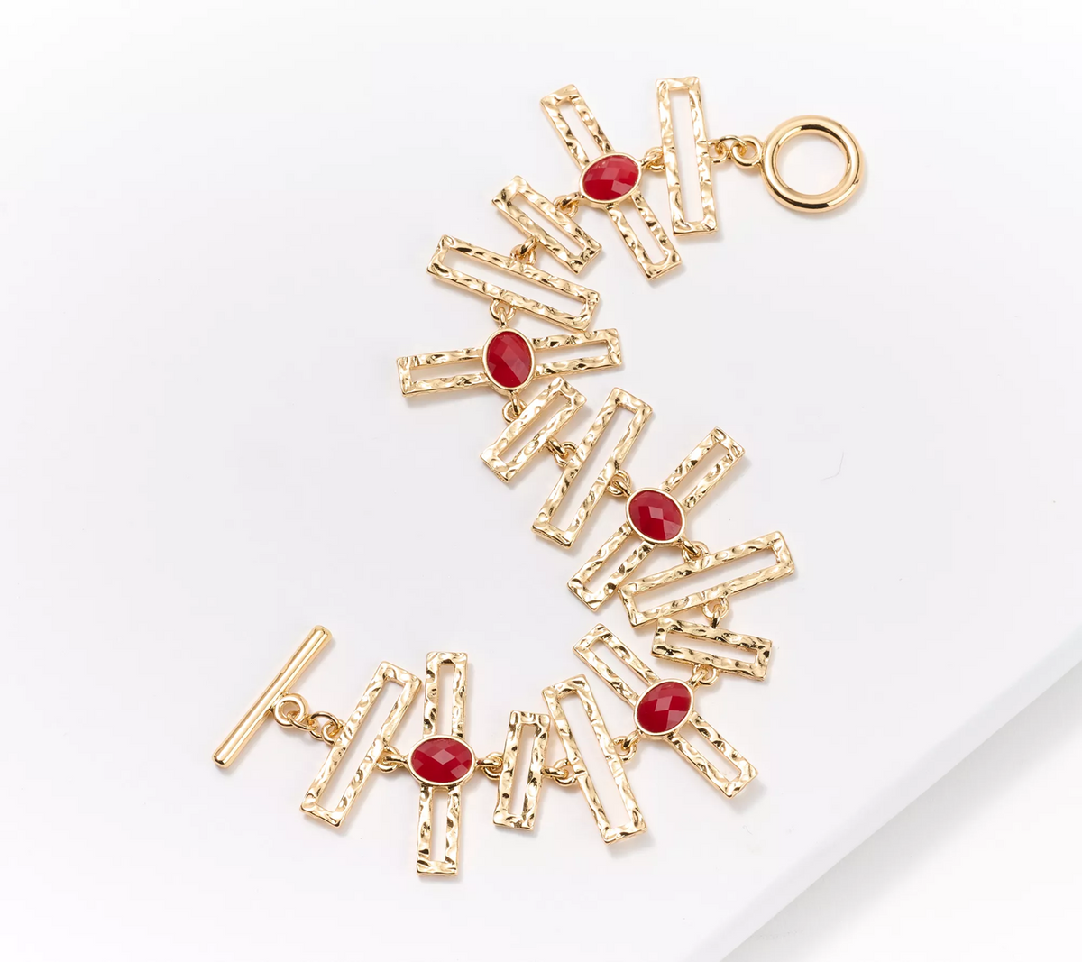 Susan Graver Goldtone Hammered Metal and Garnet Stone Bracelet, 7-3/4"