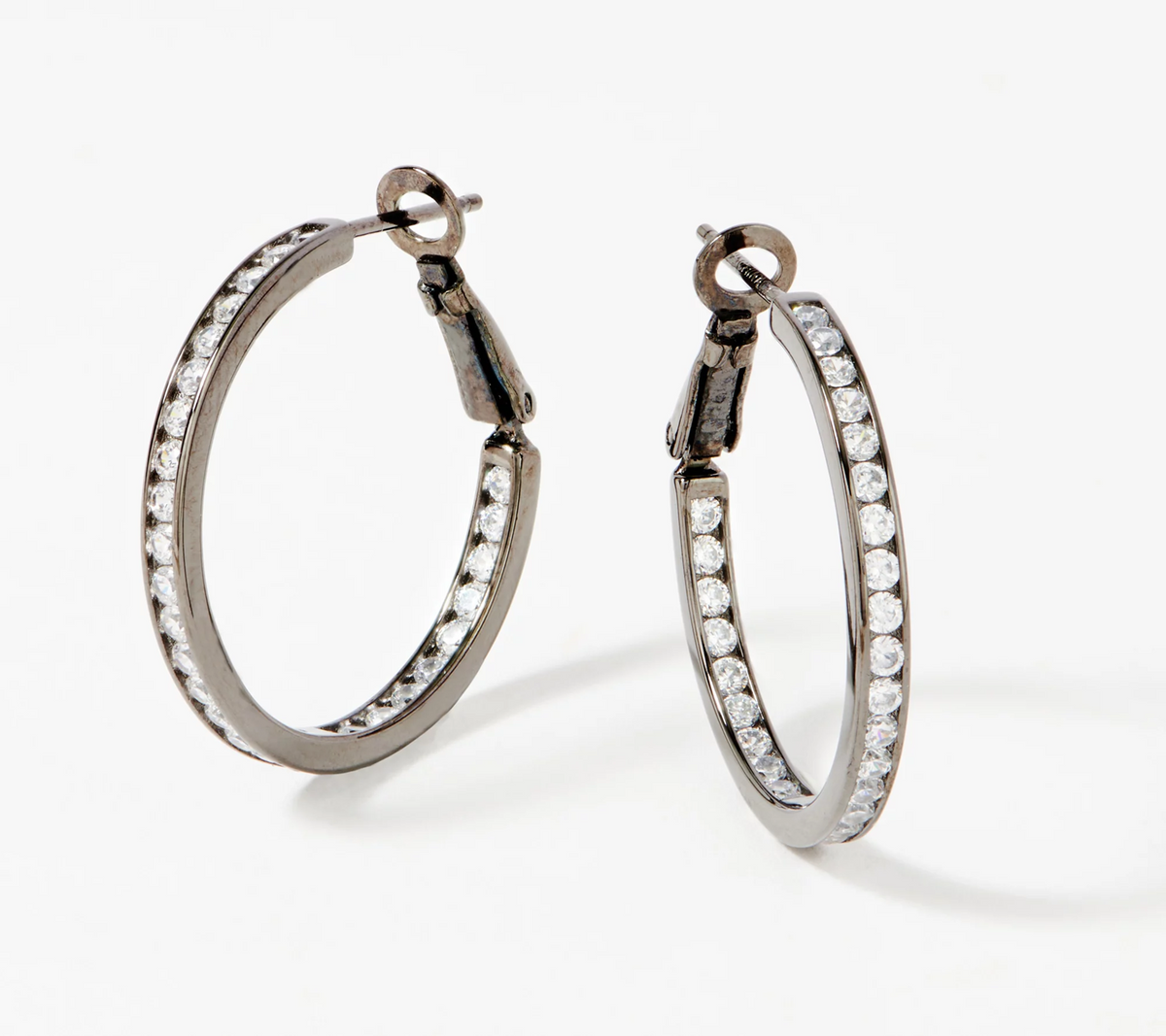 Diamonique 1" Round-Cut Channel-Set Gunmetal-Plated Sterling Silver Hoop Earrings