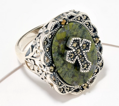 Connemara Marble Sterling Silver Ring w/ Marcasite Accents, Celtic Cross, Size 5