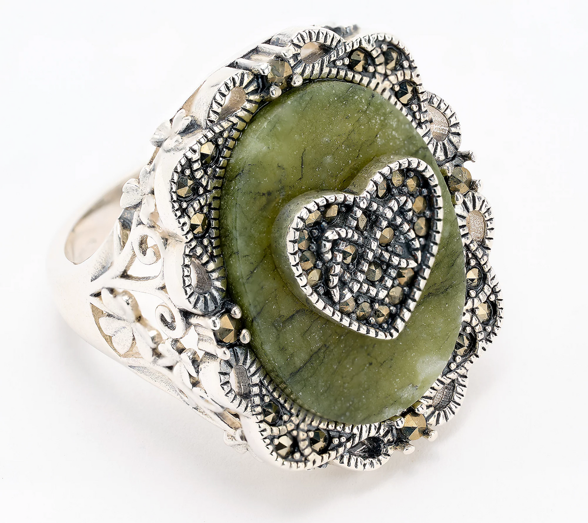 Connemara Marble Sterling Silver Marcasite Accents Celtic Heart Ring, Size 10