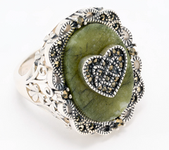 Connemara Marble Sterling Silver Marcasite Accents Celtic Heart Ring, Size 10