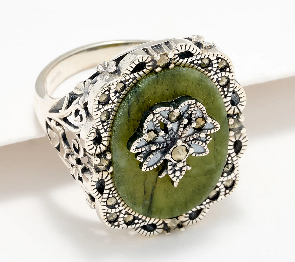 Connemara Marble Sterling Silver Marcasite Accents Tree of Life Ring, Size 10