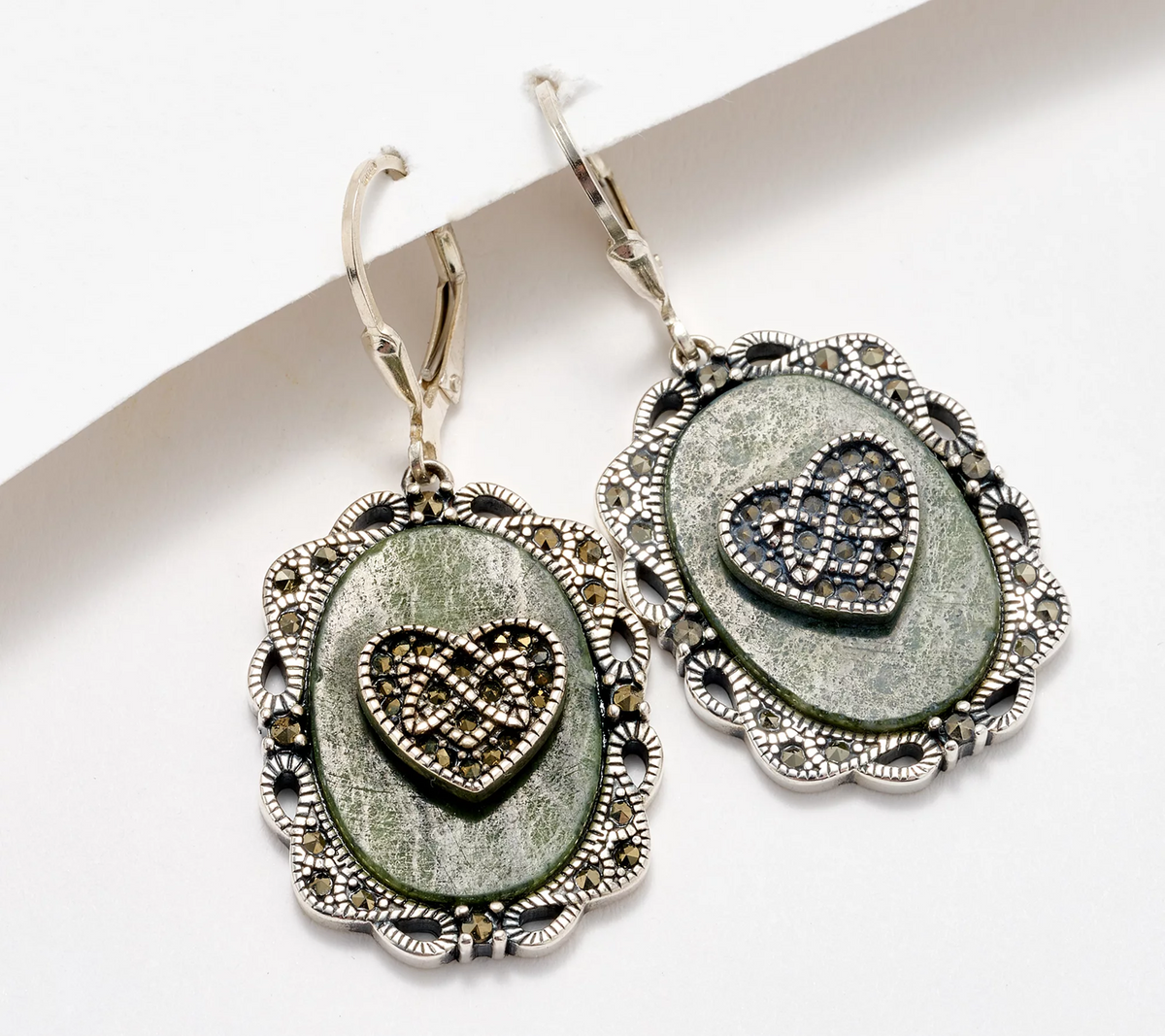 Connemara Marble Sterling Silver Celtic Heart Earrings with Marcasite Accents