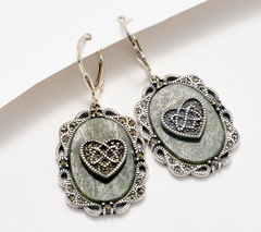 Connemara Marble Sterling Silver Celtic Heart Earrings with Marcasite Accents