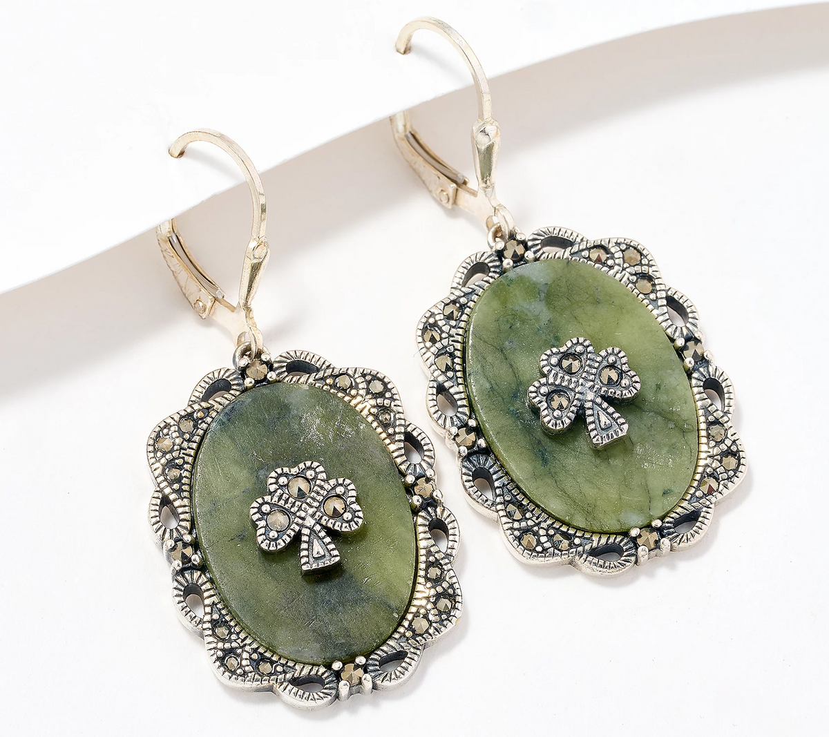 Connemara Marble Sterling Silver Shamrock Earrings with Marcasite Accents
