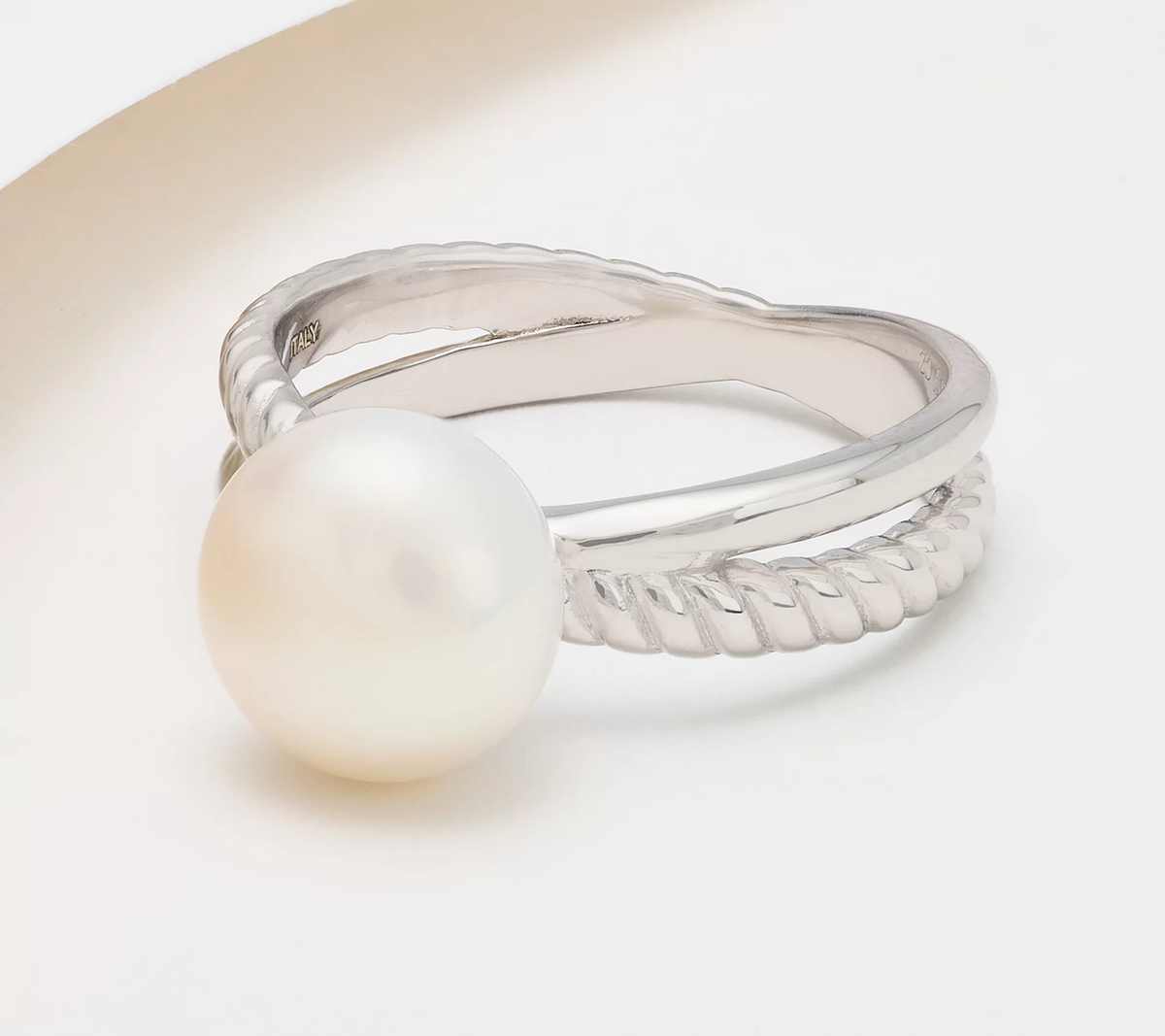 Honora Polished & Ribbed Crossed Band Cultured Pearl Silver Sterling Ring, Size 8