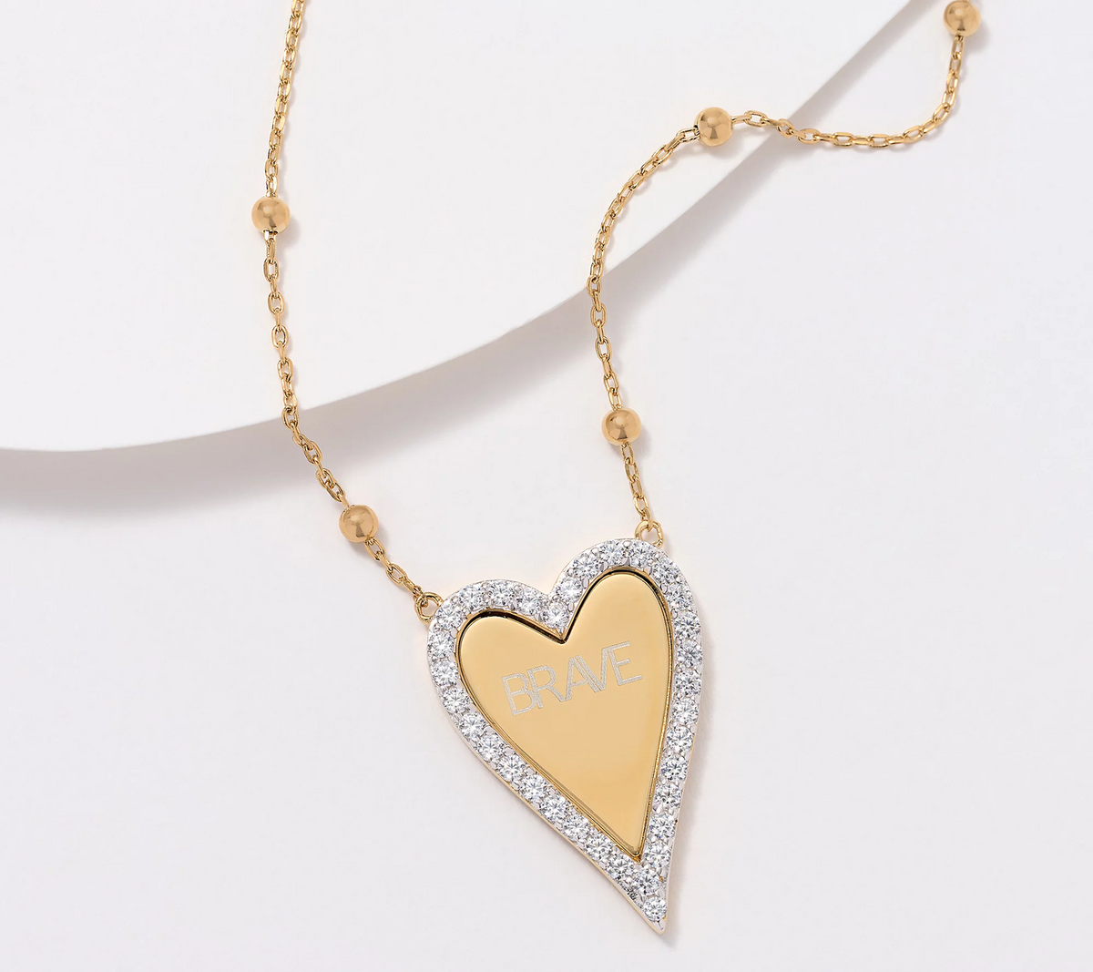Diamonique x Jennifer Miller 14K Gold Plated Engraved "Brave" Heart Halo Necklace