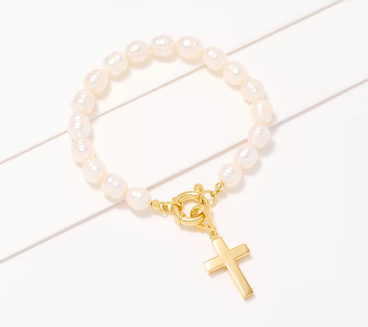 Honora Cultured Pearl Goldclad SS Bracelet with Spring Ring Clasp & Removable "Cross" Charm, Avg