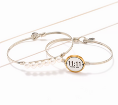 Luca & Danni Set of 2 Inspirational Bangles, Silver, 11:11 charm with white pearl, Avg