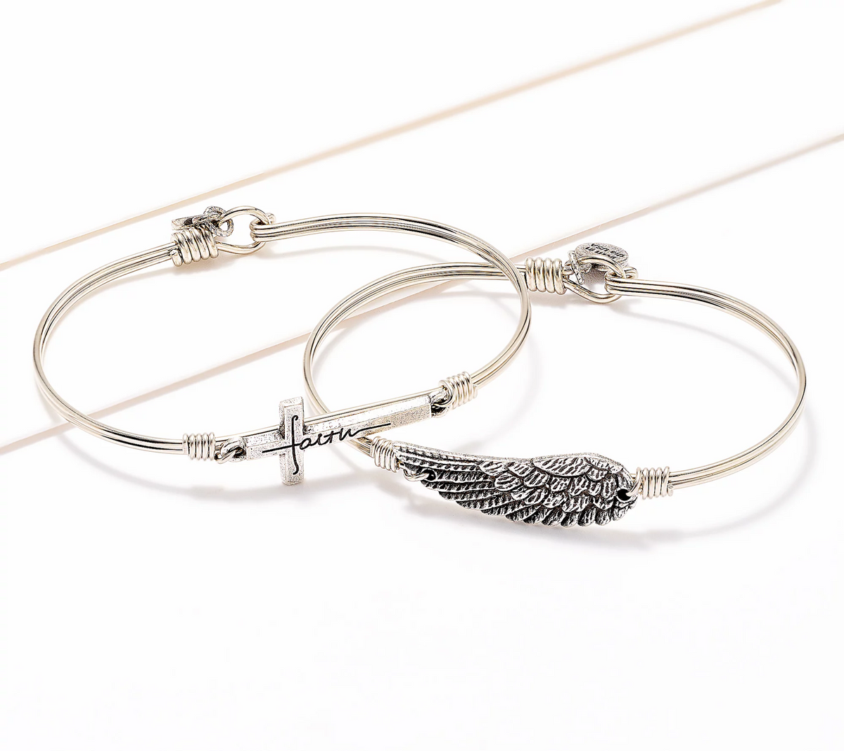 Luca & Danni Set of 2 Inspirational Bangles, Silver, angel wing and horizontal faith cross,Small