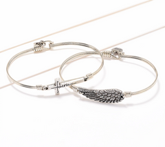 Luca & Danni Set of 2 Inspirational Bangles, Silver, angel wing and horizontal faith cross,Small