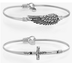 Luca & Danni Set of 2 Inspirational Bangles, Silver, angel wing and horizontal faith cross,Small