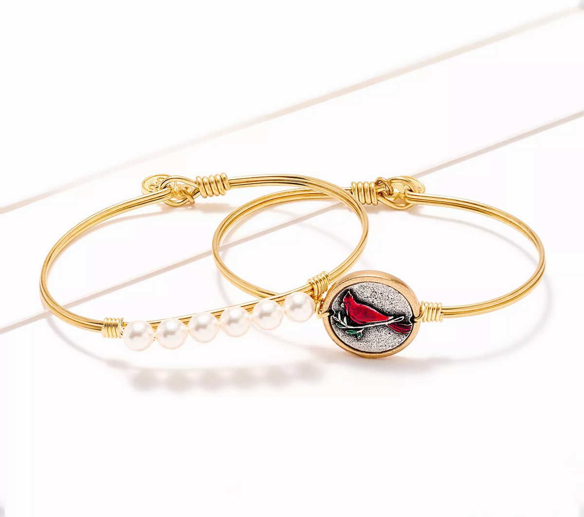 Luca & Danni Set of 2 Inspirational Bangles, Yellow, cardinal charm with white pearl, Avg
