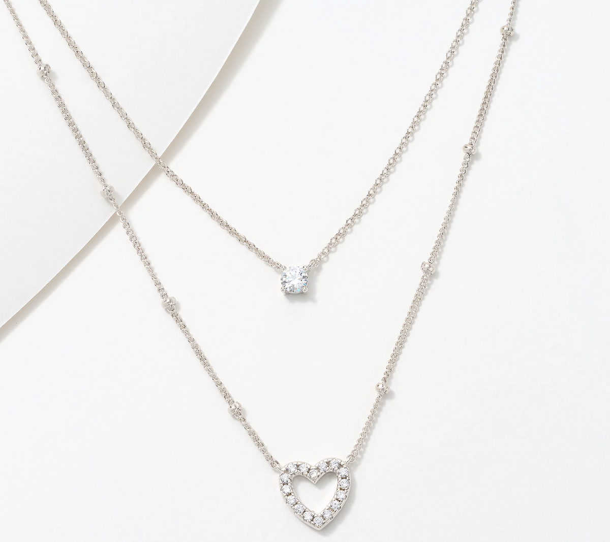 Diamonique Sterling Silver Layered Heart & Solitaire Necklace