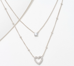 Diamonique Sterling Silver Layered Heart & Solitaire Necklace