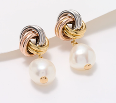 Honora Cultured Pearl Tri-Color Sterling Silver Love Knot Drop Earrings