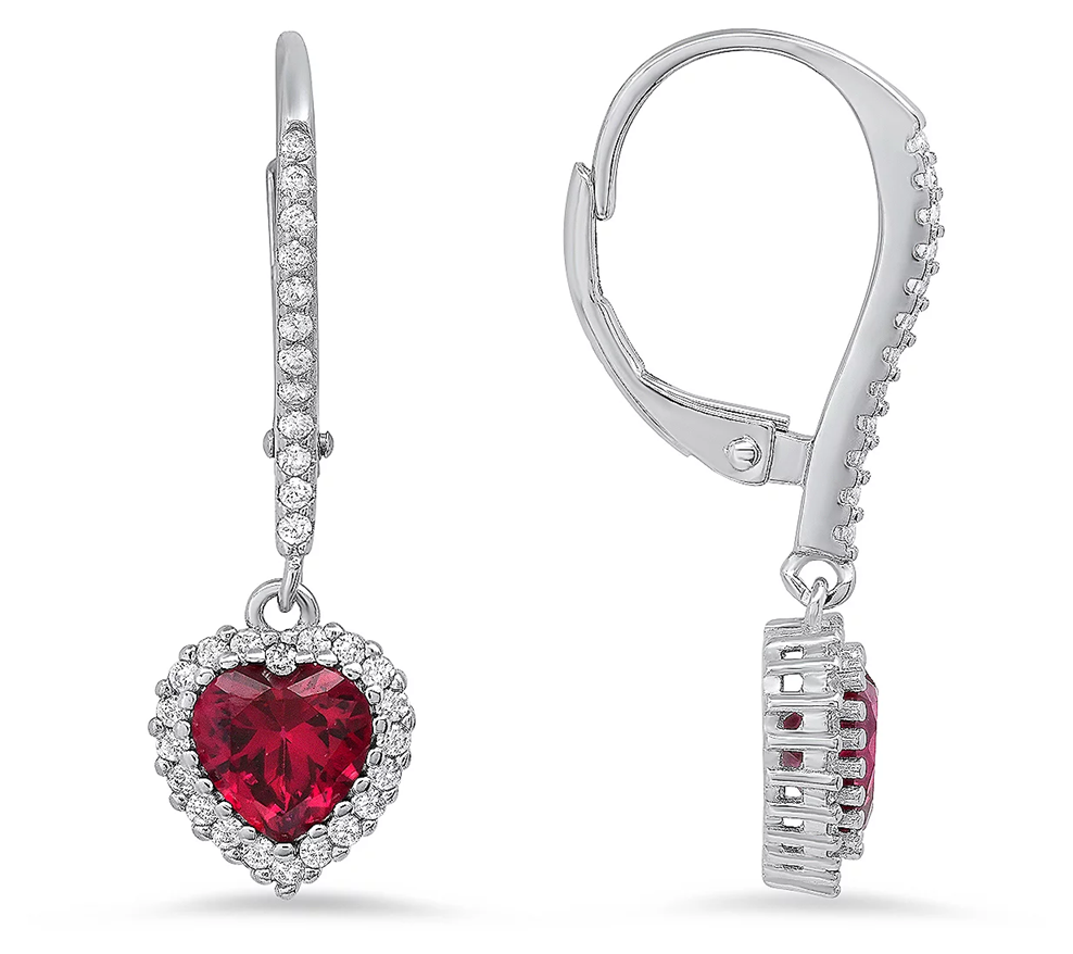 Sterling Silver Heart Birthstone Ruby Halo Leverback Earrings