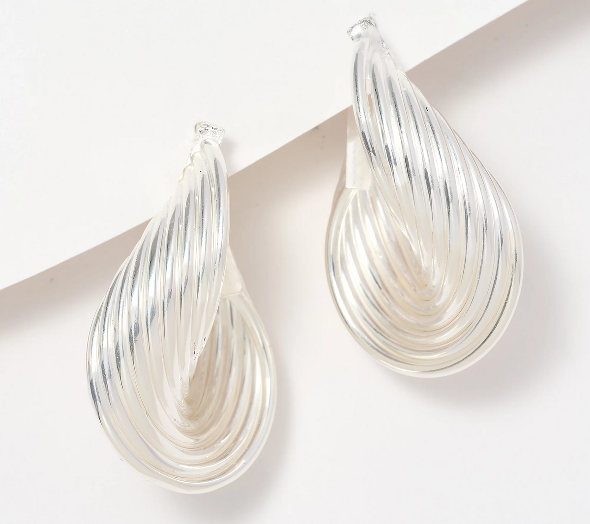 UltraFine 950 Silver Sculptural Ribbed 1-3/8" Hoop Earrings, Sterling Silver