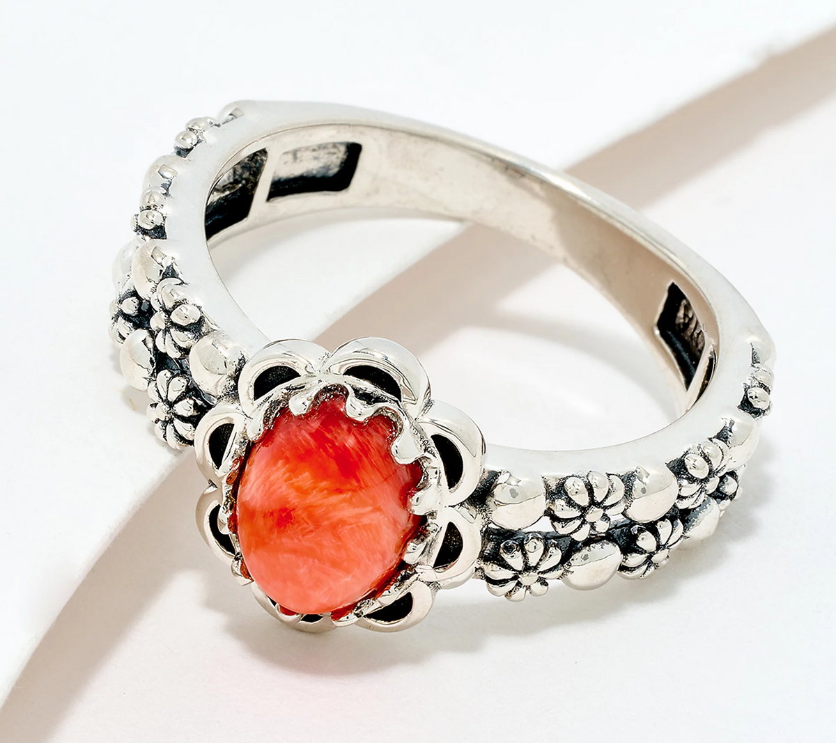 American West Sterling Silver Double Row Concha Red Spiny Ring Size 6