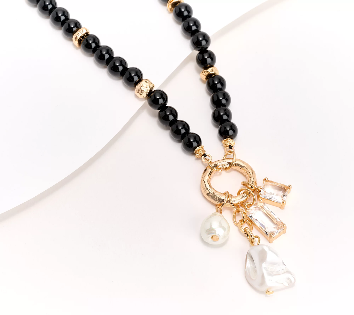 Susan Graver Beaded Necklace with Pearlescent Charm Pendant, Black