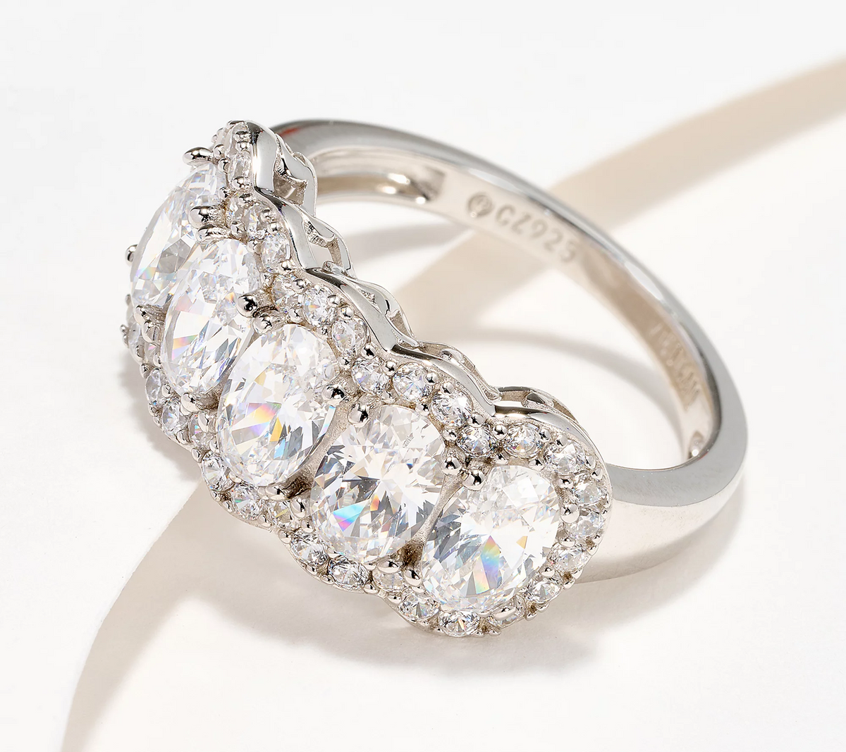 Diamonique Platinum Clad Sterling Silver 5-Stone Oval Band Ring, Size 7