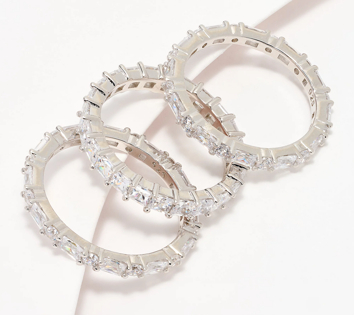 Diamonique Sterling Silver S/3 Baguette & Round Cut Stackable Rings, Size 9