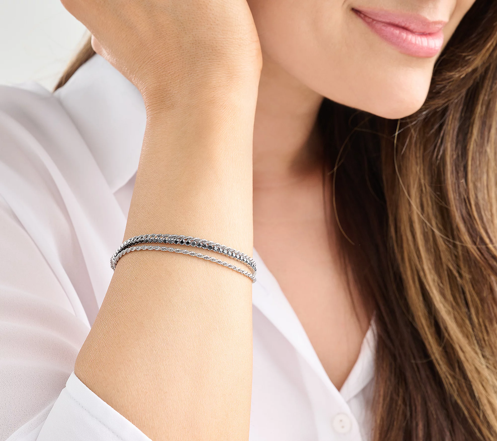Diamonique Italia Triple Strand Black Stone Sterling Silver Bracelet, Avg