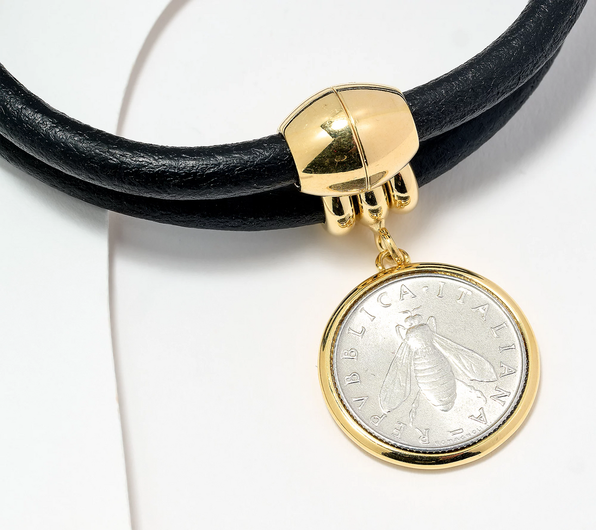 David Markstein GoldClad Sterling Silver Coin & Leather Bracelet or Necklace, Small; 6-1/2
