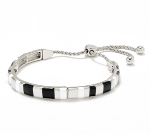 Susan Graver Silvertone Black & White Adjustable Bangle Bracelet