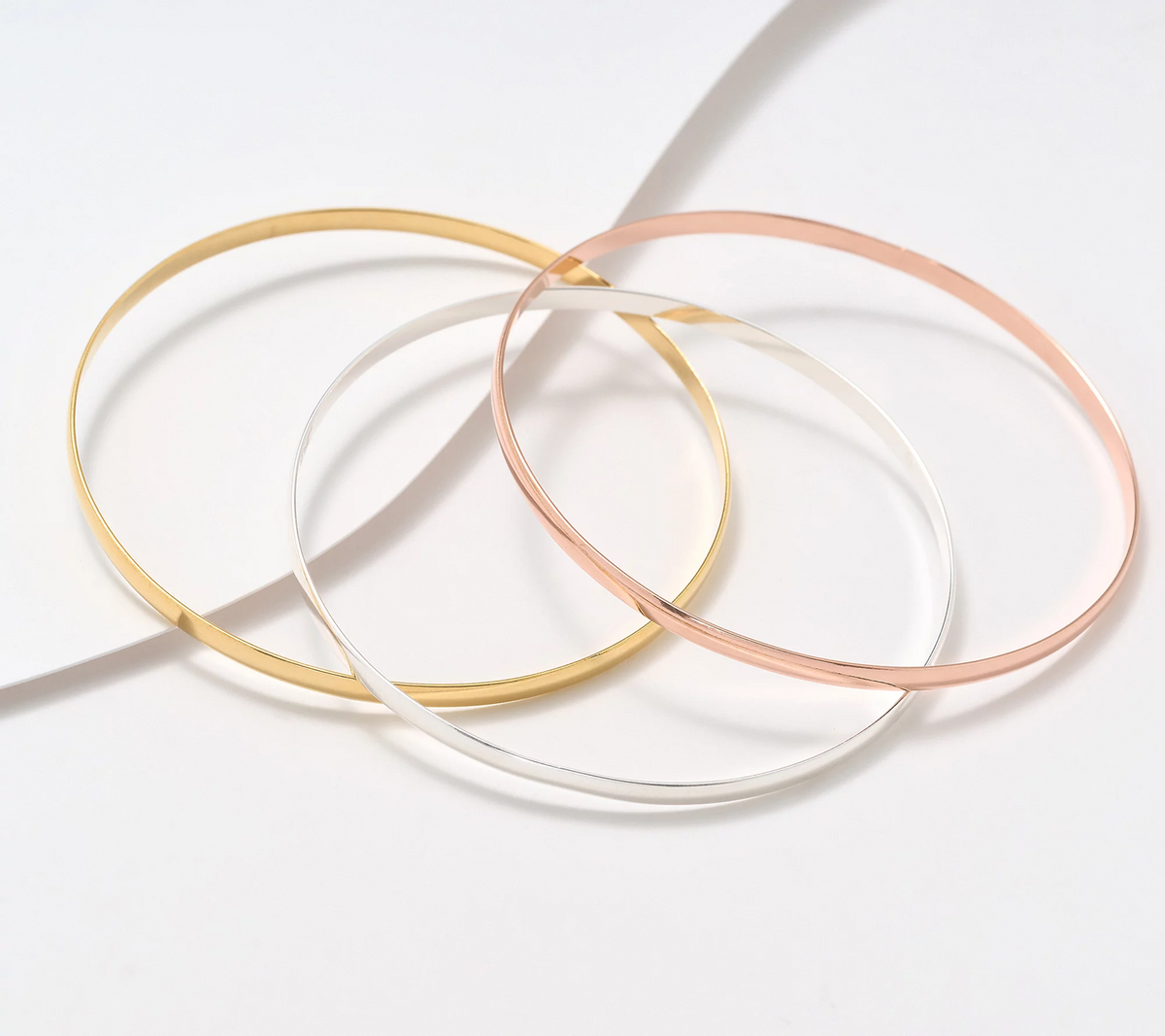 UltraFine 950 Silver Set of 3 Tri Tone Sil/Gold/Rose Polished Bangles Small