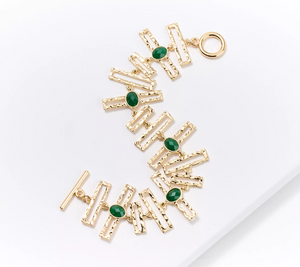 Susan Graver Goldtone Hammered Metal and Green Stone Bracelet, 7-3/4"