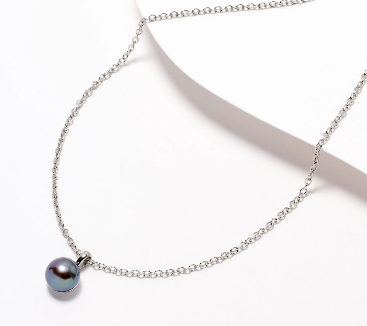 Honora Oval Rolo Link Cultured Button Black Pearl Solitaire Stainless Steel Necklace