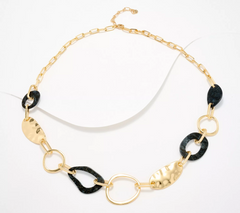 Susan Graver Gold Tone/Black Mixed Media Statement Necklace 32.5"L