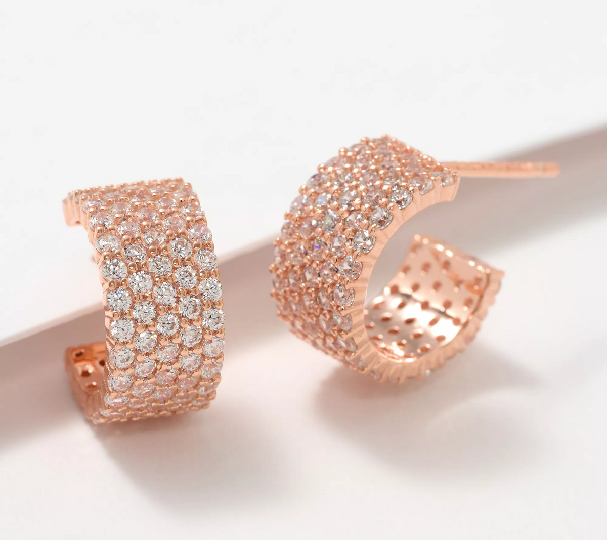 Diamonique Rosegold-Over SS Rows of Sparkle Pave Huggie Hoop Earrings
