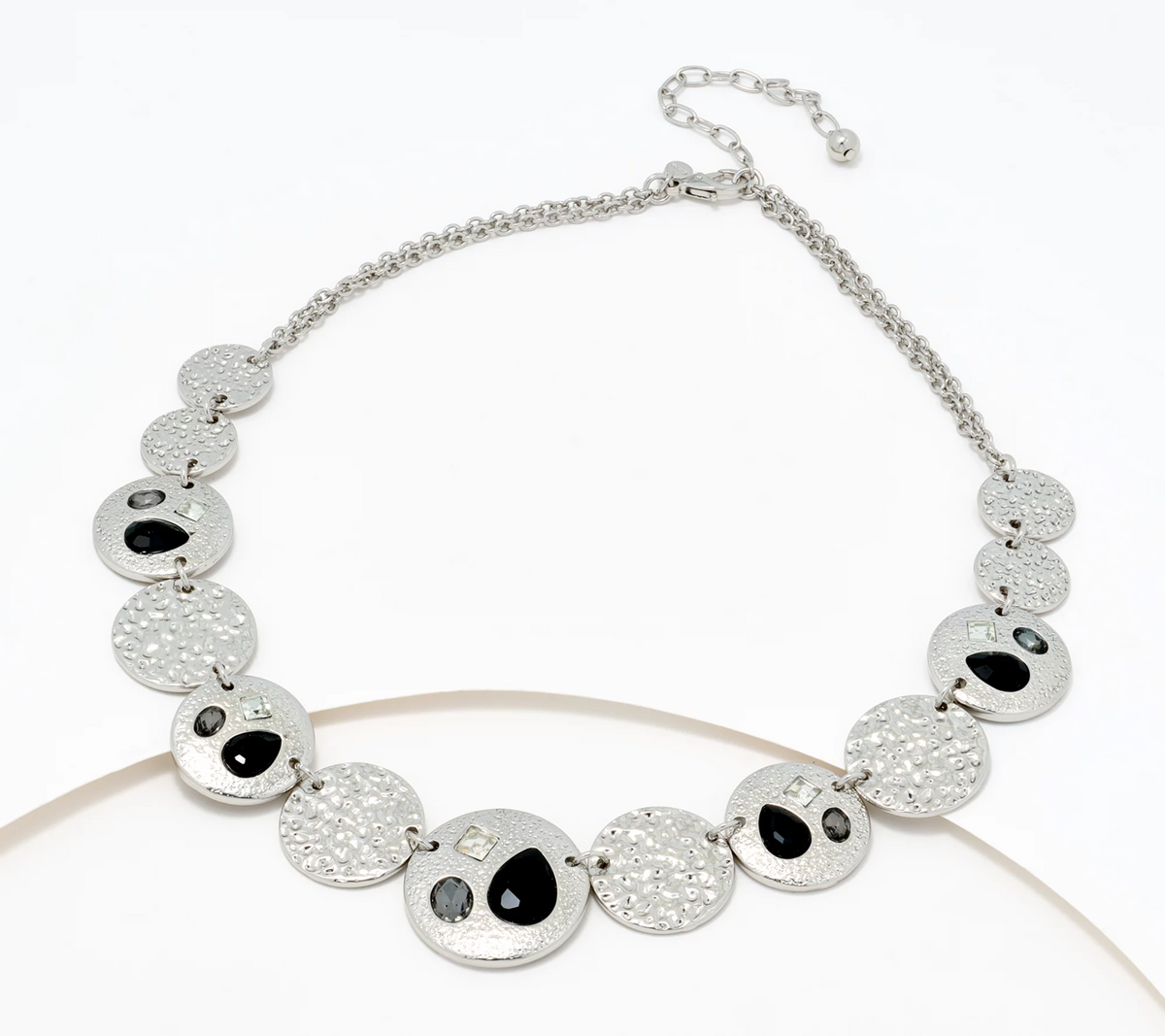 Susan Graver Silver Tone Grey/Black Multi-Stone Hammered Metal Necklace 21"