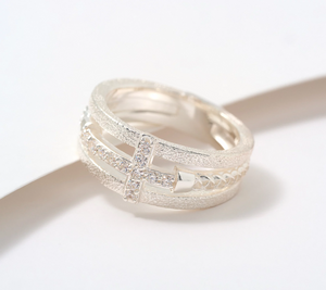 JMH Jewellery Sterling Silver Multi-Strand Clear Cross Ring Size 6