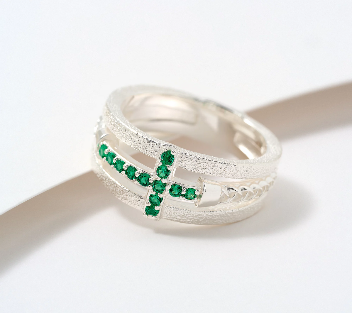 JMH Jewellery Sterling Silver Multi-Strand Green Cross Ring Size 10