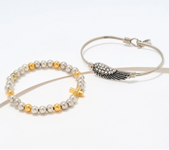 Luca & Danni Set of 2 Wire and Bead "Angel" Silver Tone Bracelets with Box Large