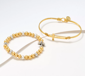 Luca & Danni Set of 2 Wire and Bead 'Faith" Gold Tone Bracelets with Box Small