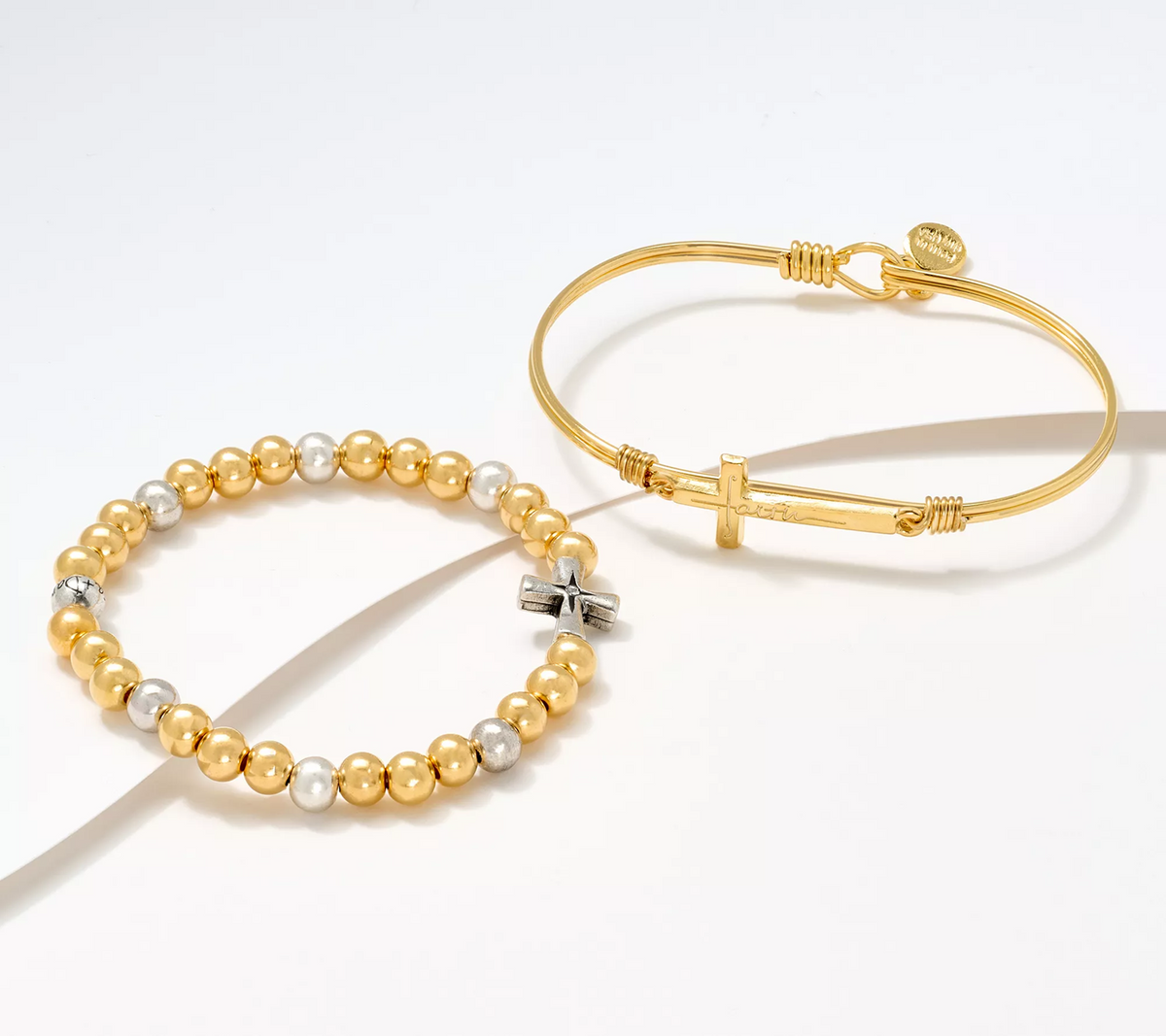 Luca & Danni Set of 2 Wire and Bead 'Faith" Gold Tone Bracelets with Box Small