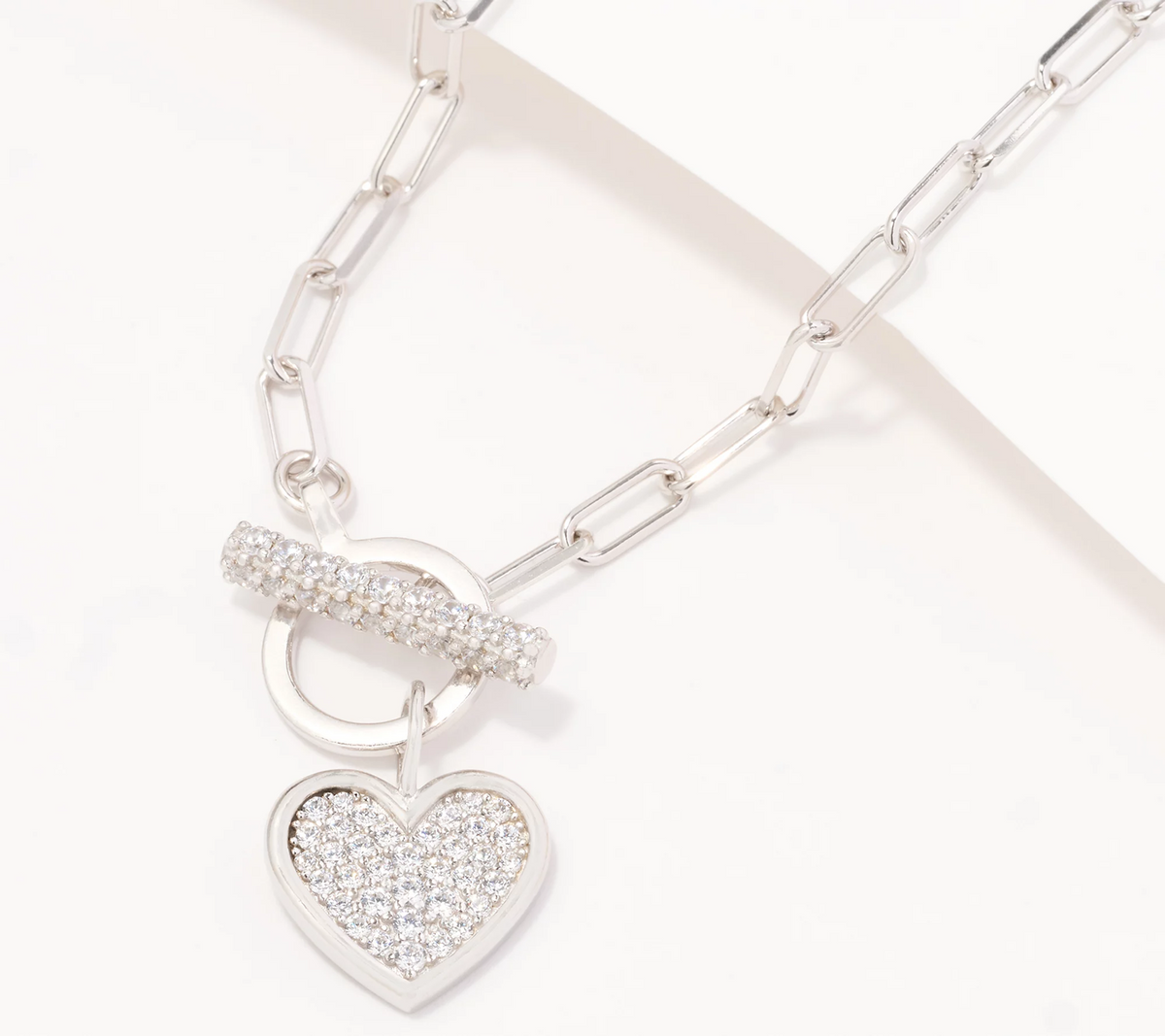 Diamonique Italia Sterling Silver Dangle Heart & T-Bar Necklace