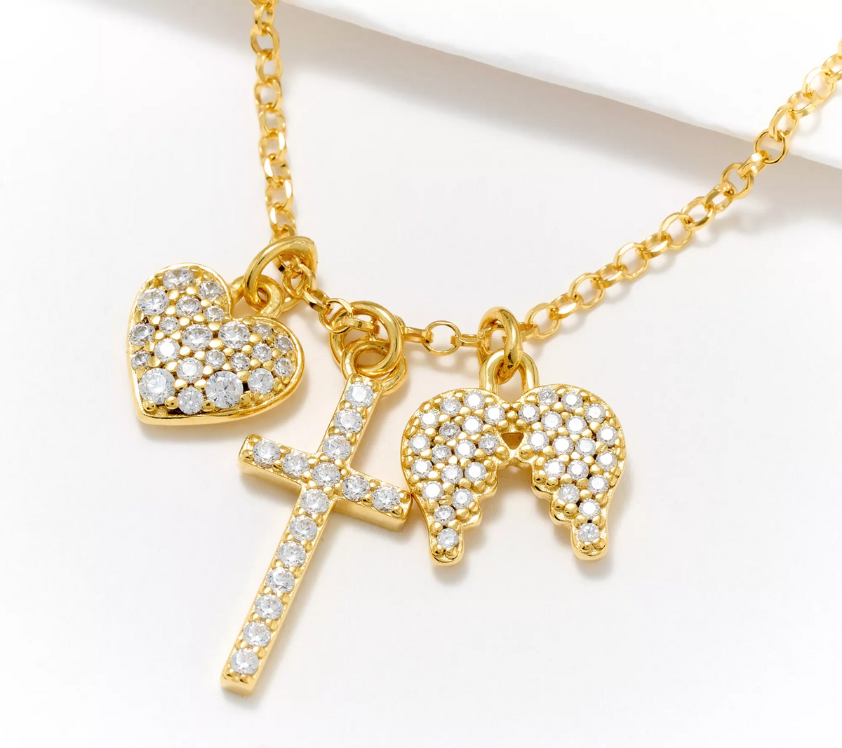 David Markstein Gold Clad Sterling Silver Triple Charm Cubic Zirconia Necklace
