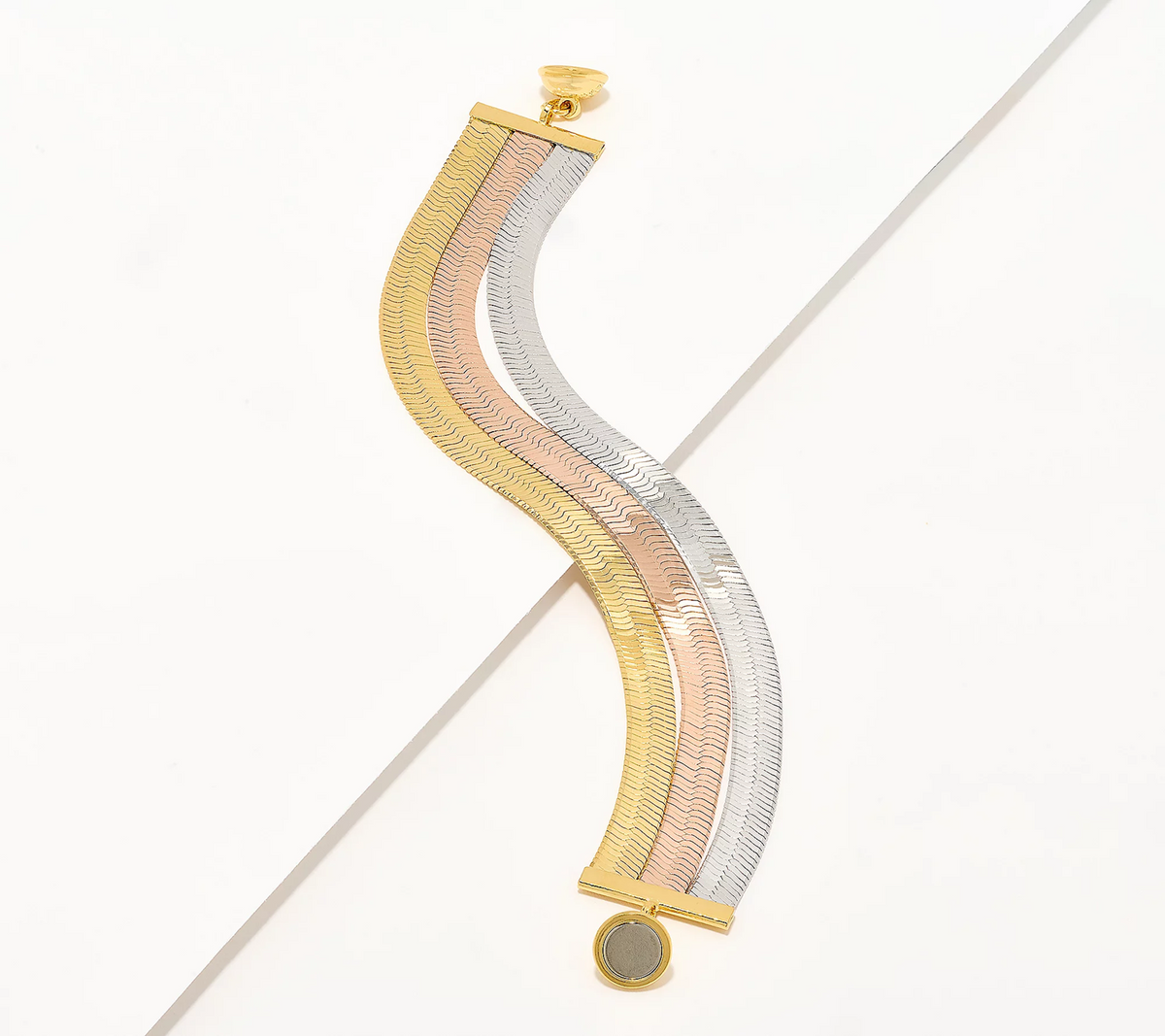 David Markstein Tri Tone Golden/Silver/Rose Bronze 3-Row Flexible Herringbone Bracelet Small