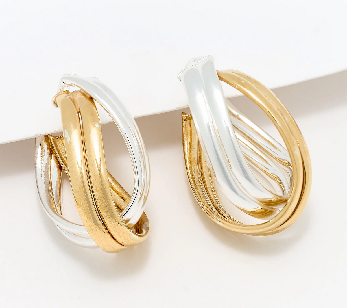 UltraFine 950 Silver Two Tone Silver/Gold Double Wrapped 1-1/8" Curved Hoop Earrings