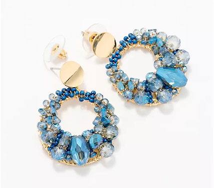 Susan Graver Blue Topaz Glass Bead Cluster Goldtone Wire Wrapped Earrings
