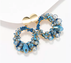 Susan Graver Blue Topaz Glass Bead Cluster Goldtone Wire Wrapped Earrings